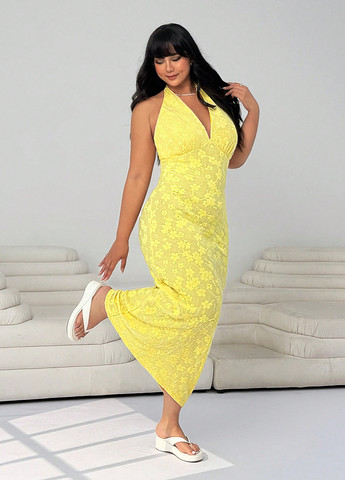 Желтое праздничный, кэжуал платье силуэтная, с открытыми плечами, с открытой спиной SHEIN с цветочным принтом