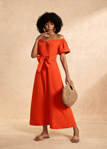 Оранжевое вечернее, кэжуал платье с открытыми плечами SHEIN однотонное