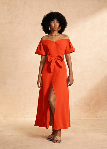 Оранжевое вечернее, кэжуал платье с открытыми плечами SHEIN однотонное