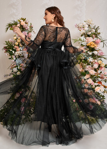 Черное вечернее, праздничный платье а-силуэт, со шлейфом SHEIN однотонное