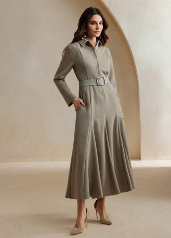 Серое кэжуал платье клеш, рубашка SHEIN однотонное
