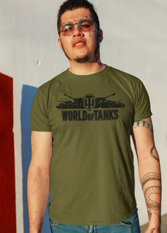 Хакі (оливкова) подарунковий набір чоловічий. футболка хакі з принтом "world of tanks", шкарпетки з принтом "tanks" Maybel