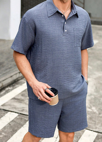 Серо-синий летний костюм (рубашка, шорты) с шортами SHEIN