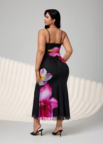 Черное коктейльное, кэжуал платье годе SHEIN с цветочным принтом