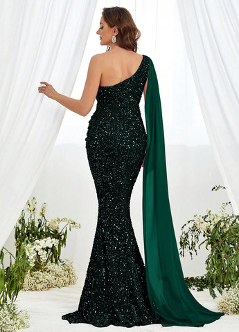 Темно-зеленое вечернее, праздничный платье для беременных годе, на одно плечо SHEIN однотонное