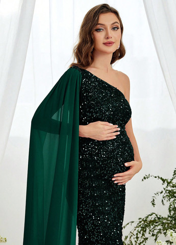 Темно-зеленое вечернее, праздничный платье для беременных годе, на одно плечо SHEIN однотонное