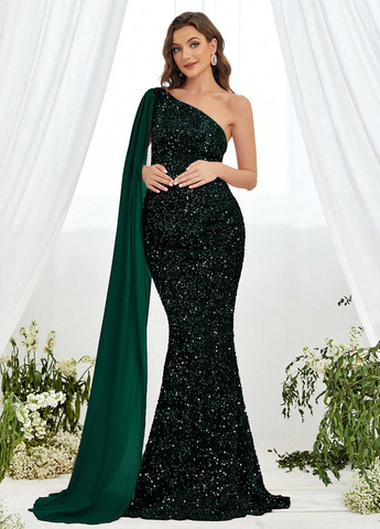 Темно-зеленое вечернее, праздничный платье для беременных годе, на одно плечо SHEIN однотонное