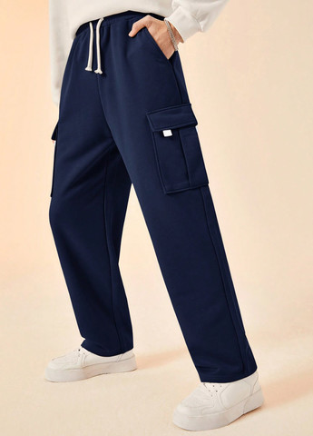 Темно-синие кэжуал демисезонные брюки карго SHEIN