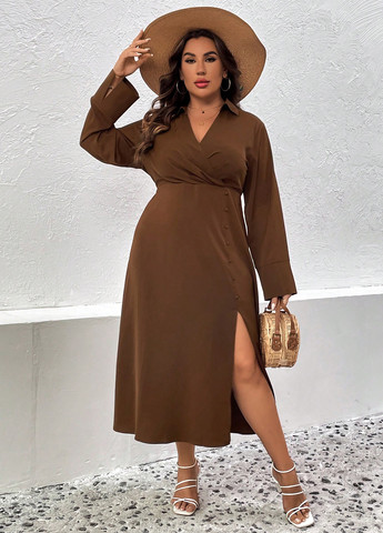 Коричневое кэжуал платье на запах SHEIN однотонное
