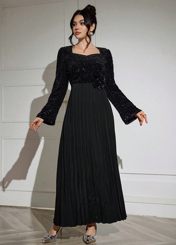 Черное кэжуал платье плиссированное SHEIN однотонное