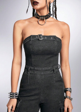 Комбинезон SHEIN комбинезон-брюки однотонный чёрный денил, кэжуал хлопок, джинс