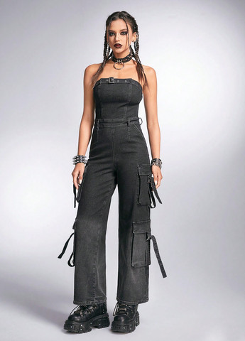 Комбинезон SHEIN комбинезон-брюки однотонный чёрный денил, кэжуал хлопок, джинс