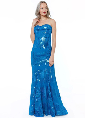 Голубое вечернее платье бандо, со шлейфом, годе Goddiva однотонное