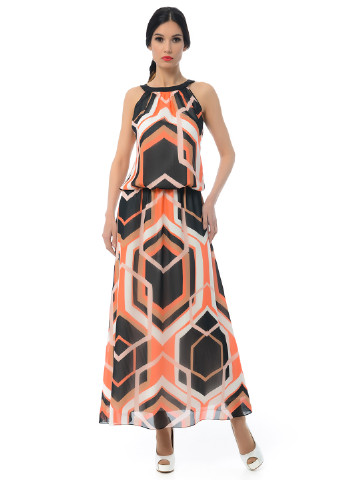 Коралловое коктейльное платье макси Iren Klairie с геометрическим узором
