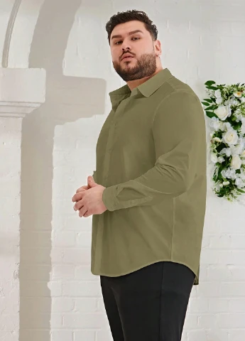Оливковковая (хаки) кэжуал, классическая рубашка однотонная SHEIN