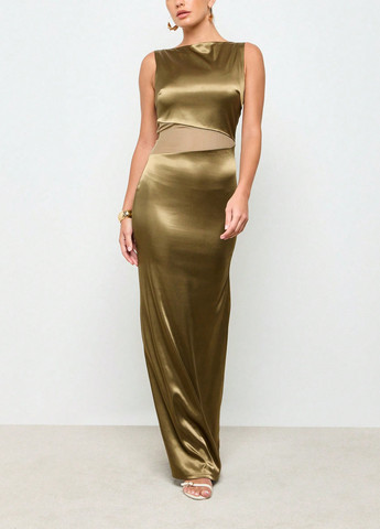 Оливковое вечернее платье годе SHEIN однотонное