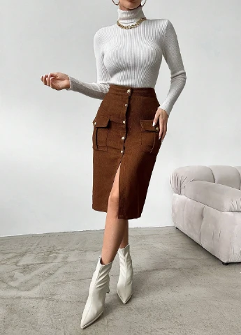 Коричневая кэжуал однотонная юбка SHEIN карандаш