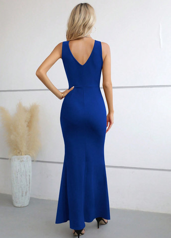 Синя святковий, вечірня, ділова, кежуал сукня годе, на запах, а-силует, з відкритою спиною SHEIN однотонна