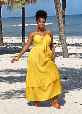 Жовтий кежуал сукня з спідницею-сонце, в стилі армпір, з відкритою спиною SHEIN однотонна