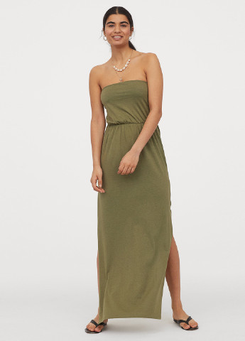Оливковое кэжуал платье бандо H&M меланжевое