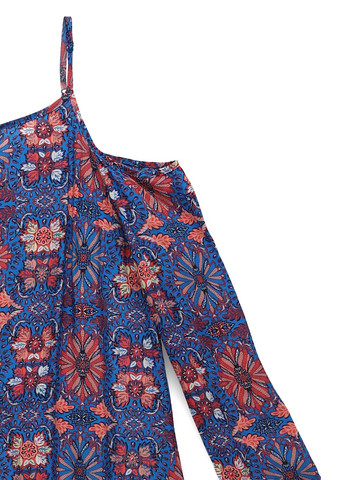 Синее кэжуал платье клеш, с открытыми плечами Pepe Jeans с цветочным принтом