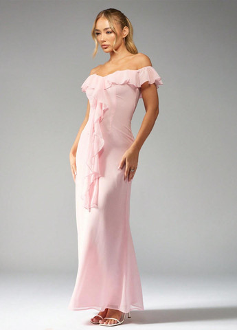 Светло-розовое вечернее, кэжуал платье с открытыми плечами SHEIN однотонное
