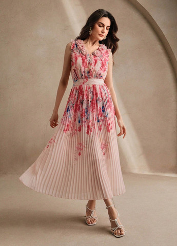 Розовое вечернее платье плиссированное SHEIN с цветочным принтом