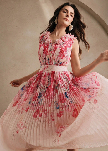 Розовое вечернее платье плиссированное SHEIN с цветочным принтом