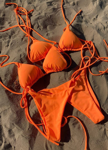 Оранжевый летний купальник на завязках неон раздельный, трикини Vakko