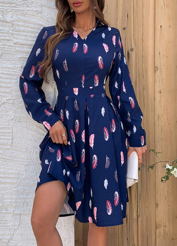 Темно-синее кэжуал, праздничный платье клеш, а-силуэт SHEIN с рисунком