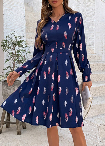 Темно-синее кэжуал, праздничный платье клеш, а-силуэт SHEIN с рисунком