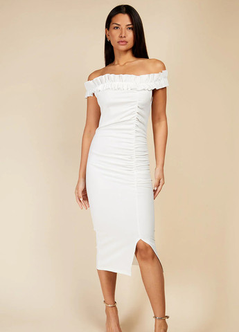 Белое кэжуал, вечернее платье с открытыми плечами Little Mistress однотонное