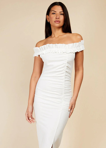 Белое кэжуал, вечернее платье с открытыми плечами Little Mistress однотонное