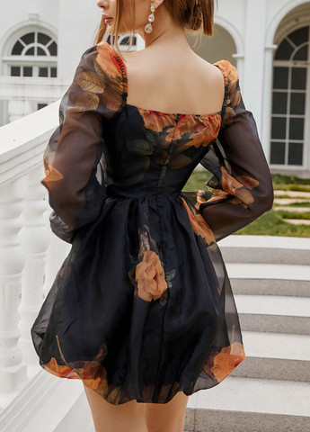 Черное коктейльное платье бэби долл SHEIN с цветочным принтом