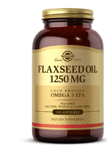 Лляна Масло, Flaxseed Oil,, 1250 мг, 100 гелевих капсул Solgar (228291988)
