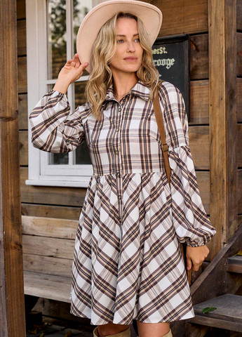 Коричневое кэжуал платье с юбкой-солнце, рубашка SHEIN в клетку