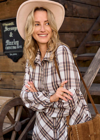 Коричневое кэжуал платье с юбкой-солнце, рубашка SHEIN в клетку