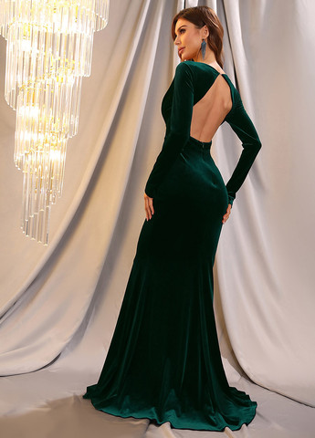 Темно-зеленое праздничный, вечернее платье годе, со шлейфом, а-силуэт, с открытой спиной SHEIN однотонное