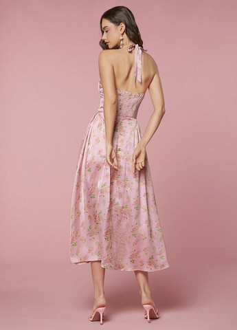 Розовое коктейльное платье клеш, с открытой спиной SHEIN с цветочным принтом