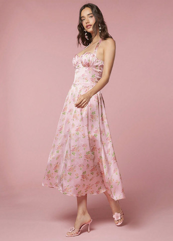 Розовое коктейльное платье клеш, с открытой спиной SHEIN с цветочным принтом