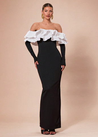 Черно-белое вечернее платье силуэтная, с открытыми плечами SHEIN однотонное