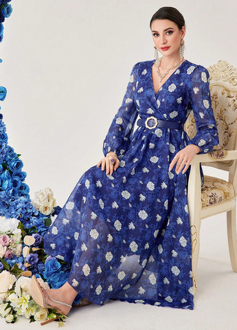 Синя кежуал сукня кльош SHEIN з квітковим принтом