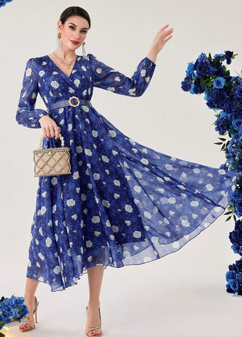 Синя кежуал сукня кльош SHEIN з квітковим принтом