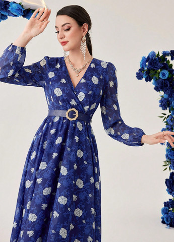 Синя кежуал сукня кльош SHEIN з квітковим принтом