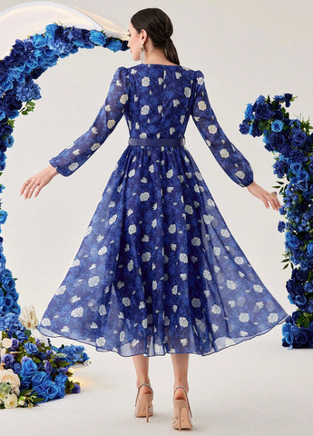 Синя кежуал сукня кльош SHEIN з квітковим принтом