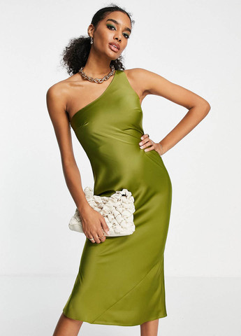 Зеленое коктейльное платье на одно плечо Asos однотонное
