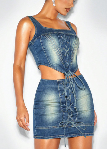 Синяя джинсовая однотонная юбка SHEIN