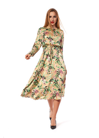 Бежевое кэжуал платье клеш SL-Fashion с цветочным принтом