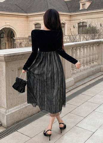 Черное кэжуал, вечернее платье клеш SHEIN однотонное