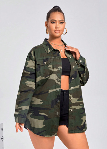 Темно-зеленая кэжуал рубашка камуфляжная SHEIN